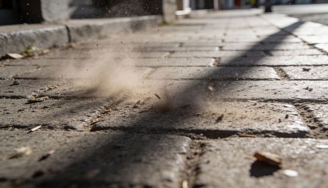 Rising dust swirling over sunlit sidewalk pavers casting long street shadows