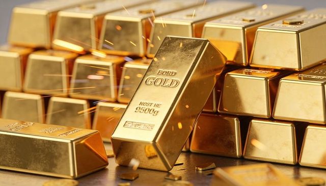 Tilting gold ingot glinting on stacked bullion with flying sparks and studio reflections