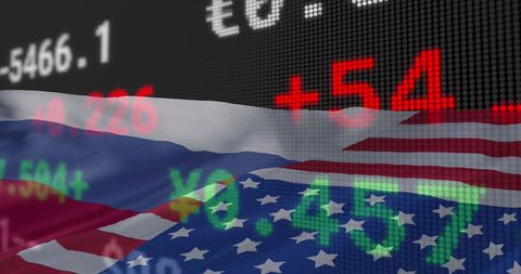 Financial Market Data Overlapping with US and Russia Flags