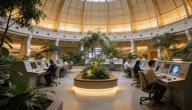 Biophilic circular control center under domed skylight with glowing central planter