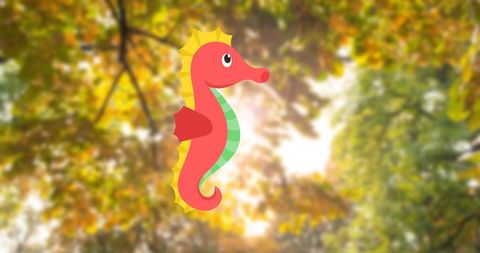Vibrant Red Seahorse Cartoon Amidst Autumnal Foliage Background - Download Free Stock Images Pikwizard.com
