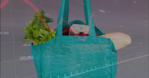 Augmented reality grocery tracking showing reusable tote with produce and market data overlay