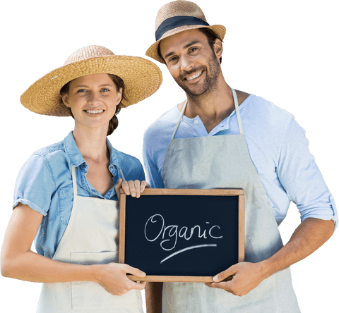 smiling couple holding slate with organic text on transparent background - Download Free Stock Videos Pikwizard.com