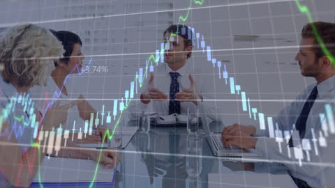 Business Team Discussing Amidst Financial Data Animation