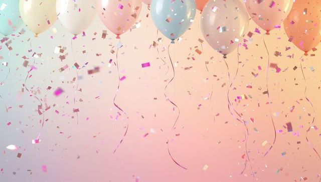 Floating pastel balloons drifting with metallic confetti and curling ribbons on gradient