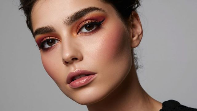 Glamorous closeup showcasing warm sunset eyeshadow, winged eyeliner and sculpted contour