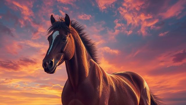 Stunning brown horse amid vibrant sunset sky