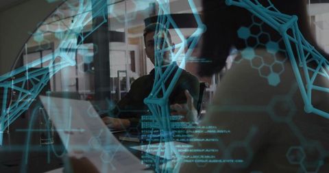 People Collaborating in Modern Office with Futuristic Molecular Overlay