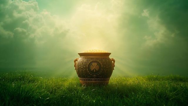 Mystical pot of gold cauldron on lush meadow at dawn with shamrock emblem and golden coins