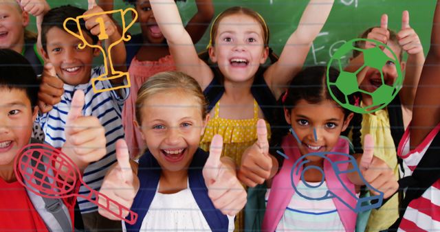 Multiple sports concept icons against diverse students showing thumbs up at elementary school - Download Free Stock Photos Pikwizard.com