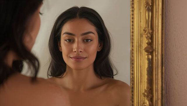 Woman gazing into ornate gold mirror, soft light beauty portrait for skincare branding