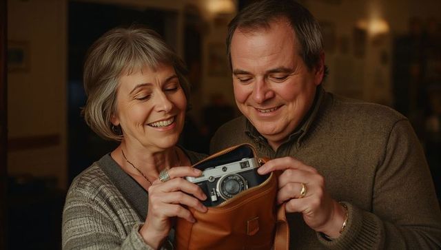 Smiling mature couple examining vintage rangefinder camera from leather satchel at home