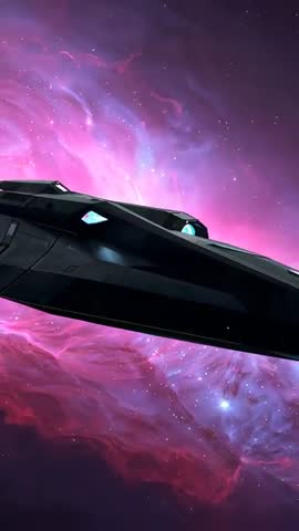 Vertical Video Sci-Fi Ship Gliding Across Pink Nebula with Cyan Cockpit Reveal