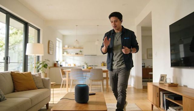 Man interacting with smart speaker in modern open-plan living room for smart home control