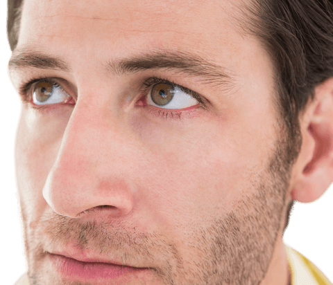 Transparent close-up of unsmiling man gazing away