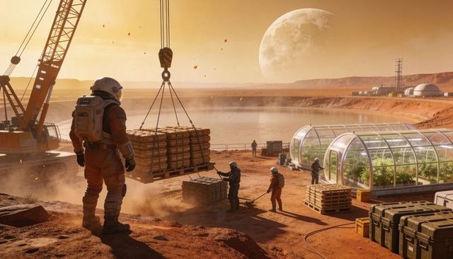 Mars colony crew overseeing cargo lift beside hydroponic greenhouse domes at dusk