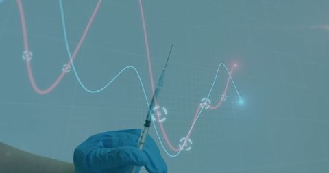 Gloved Hand Holding Syringe Against Medical Data Background