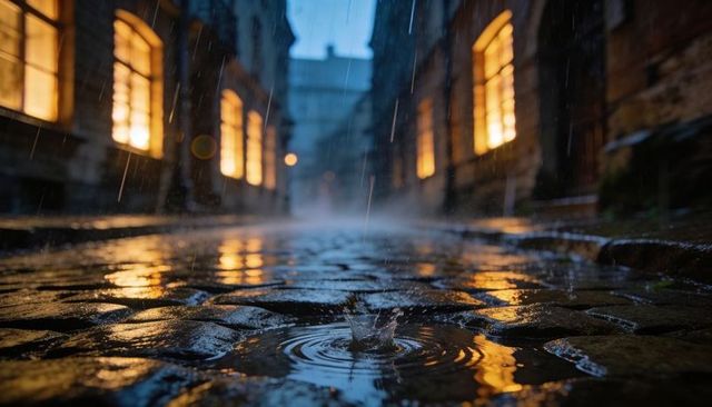 Rain-slicked cobblestone alley with glowing window reflections and rippling puddle at dusk