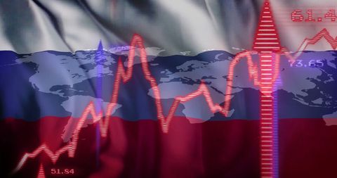 Stock Market Trends Over Russia Flag with World Map