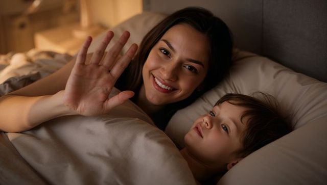 Mother Bonding with Son in Bed Waving Goodnight