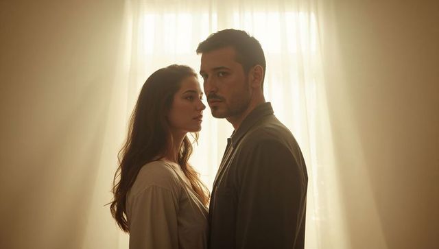 Backlit couple standing close by sheer curtains in warm minimalist interior