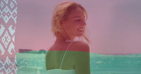 Woman Relaxing on Beach with Belarusian Flag Overlay