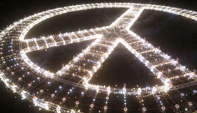 Illuminating peace-sign light installation on circular scaffolding, night art spectacle
