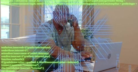 Senior Man Working Remotely on Laptop While Calling and Typing with Holographic Code Overlay