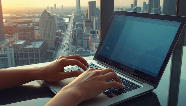 Person Typing on Laptop with City Skyline at Sunset