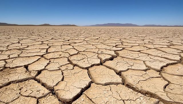 Cracked earth dry lakebed forming polygonal mud flats stretching to distant hills