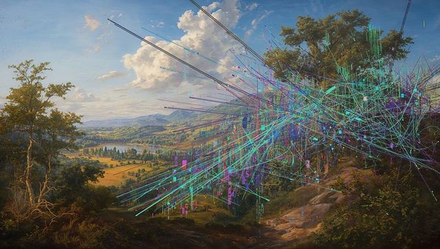 Futuristic neon glitch streaks radiating across pastoral hillside overlooking river valley