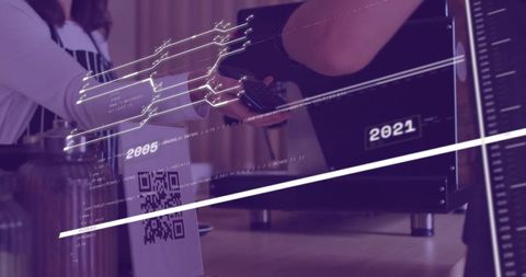 Tapping Smartphone for Contactless Payment at Cafe Counter, Scanning QR Code
