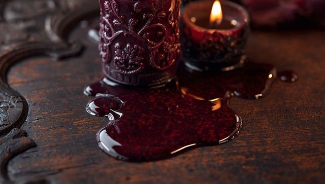 Burgundy Candles Aglow with Intricate Wax Puddles on Ornate Wooden Surface