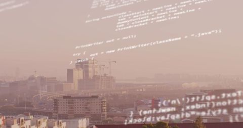Futuristic Cityscape with Overlaid Data Code Visuals - Download Free Stock Images Pikwizard.com