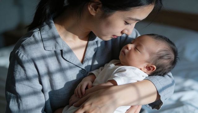 Serene asian mother cradling sleeping newborn on sunlit bed with gentle blind shadow lines