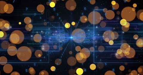 Futuristic digital network with glowing central node and orange bokeh