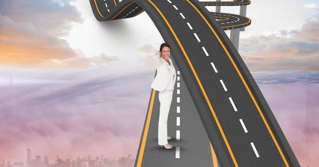 Businesswoman standing on a curvy elevated highway in a dreamlike sky signifies striving for success and navigating a challenging yet promising career path. Useful for illustrating concepts of ambition, professional journey, decision making, and overcoming challenges. Ideal for business blogs, motivational content, career coaching websites, and inspirational advertising.