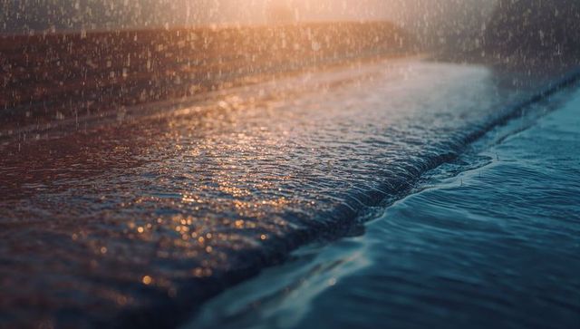 Serene Ocean Wave at Sunset with Rainfall and Sunlight Reflection