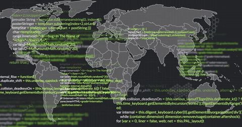 World map overlaying code snippets and neon telemetry streaks on dark digital dashboard