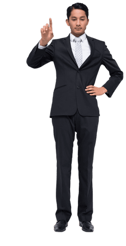 Biracial businessman on transparent background pointing at digital interface