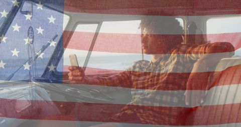 Man Enjoying Beach with US Flag Overlay Symbolizes Patriotism and Diversity
