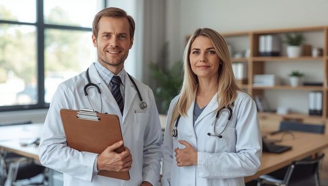 Confident doctors holding stethoscopes in modern clinic office