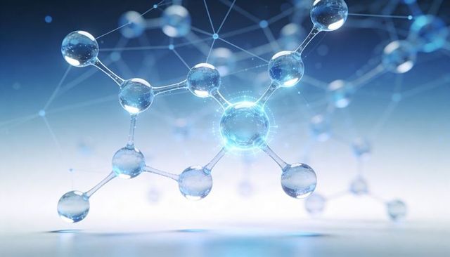 Glassy Molecular Network with Glowing Central Node Floating Over Reflective Surface
