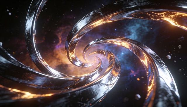 Swirling metallic vortex pulling chrome bands into molten nebula spiral