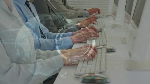 Office Team Collaborating on Digital Project with Overlaid Data Visualization