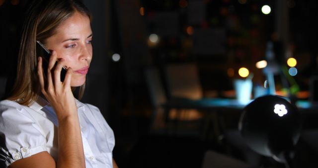 Businesswoman Speaking on Phone in Dimly Lit Office at Night - Download Free Stock Images Pikwizard.com