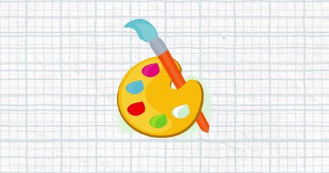 Colorful artist palette with paintbrush on grid background