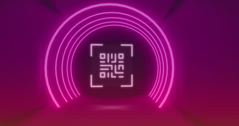 Neon QR Code Scanner in Futuristic Tunnel