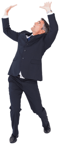 Nervous Businessman in Suit Raising Hands on Transparent Background