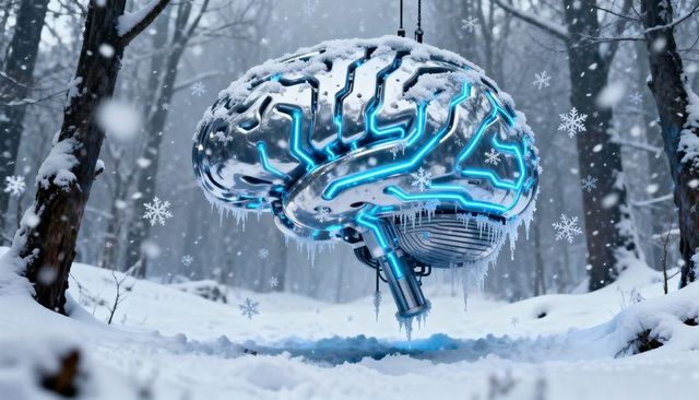 Hovering chrome neural brain with cyan circuit glow in snowy winter forest